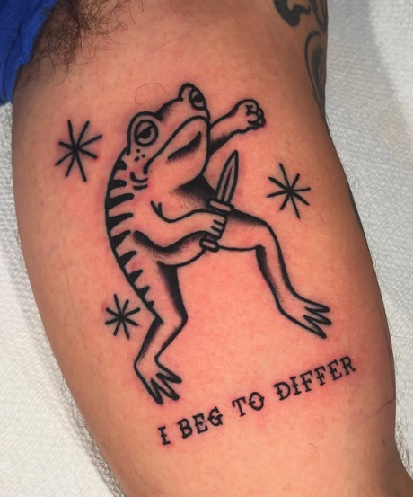 American Traditional frog with “I beg to differ” banner tattoo by Josh at Electric Street Tattoo, Fort Lauderdale