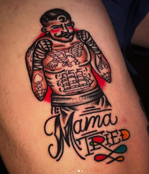 American Traditional boxer with “Mama Tried” banner tattoo by Josh at Electric Street Tattoo, Fort Lauderdale