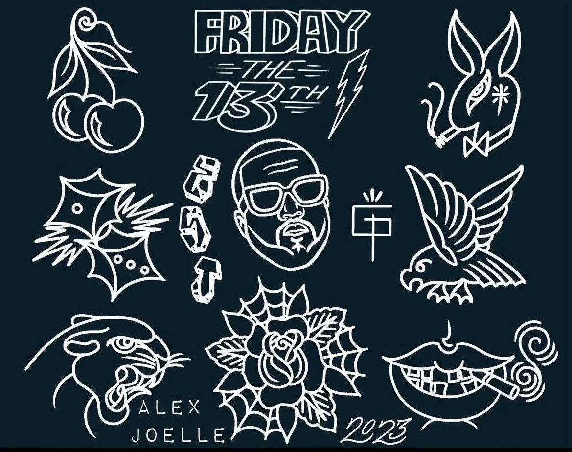 White on black Friday the 13th flash by Alex Joelle at Electric Street Tattoo, Fort Lauderdale