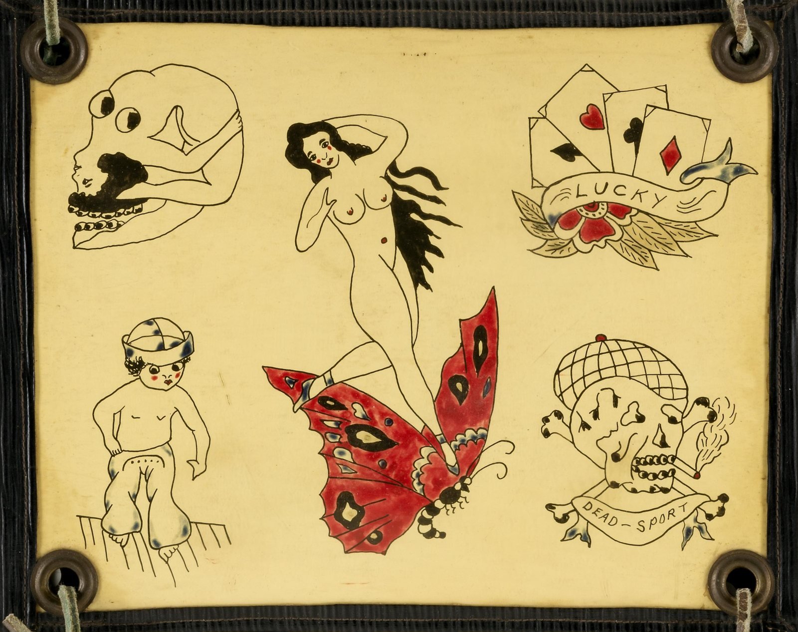 Vintage American tattoo flash sheet with a skull, a Dead Sport skull and crossbones, Lucky playing cards, a sailor boy and a woman on a butterfly, unknown artist, not Stoney St. Clair