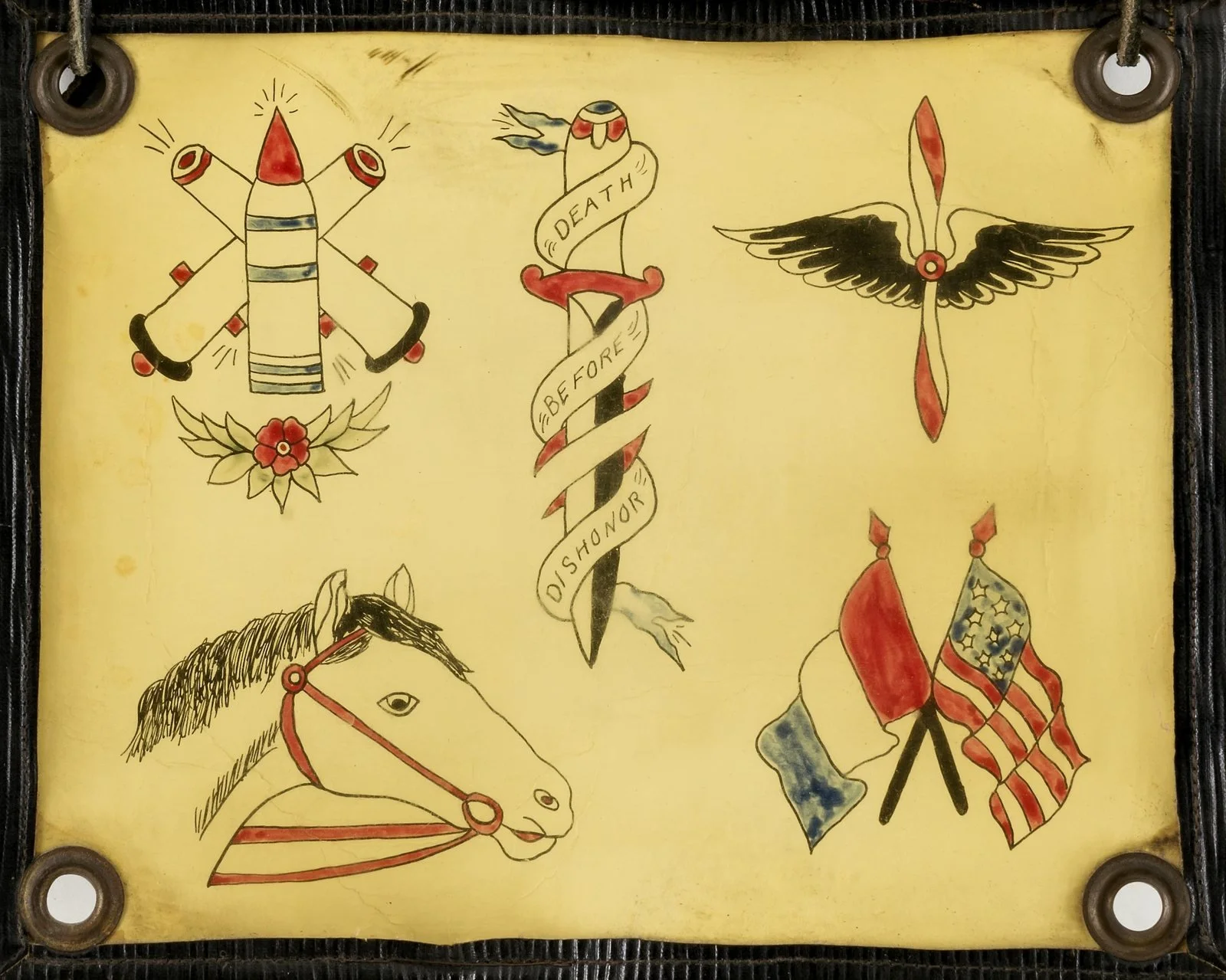 Vintage American tattoo flash sheet with a Death Before Dishonor dagger, a horse head and crossed flags, unknown artist, not Stoney St. ClairVi