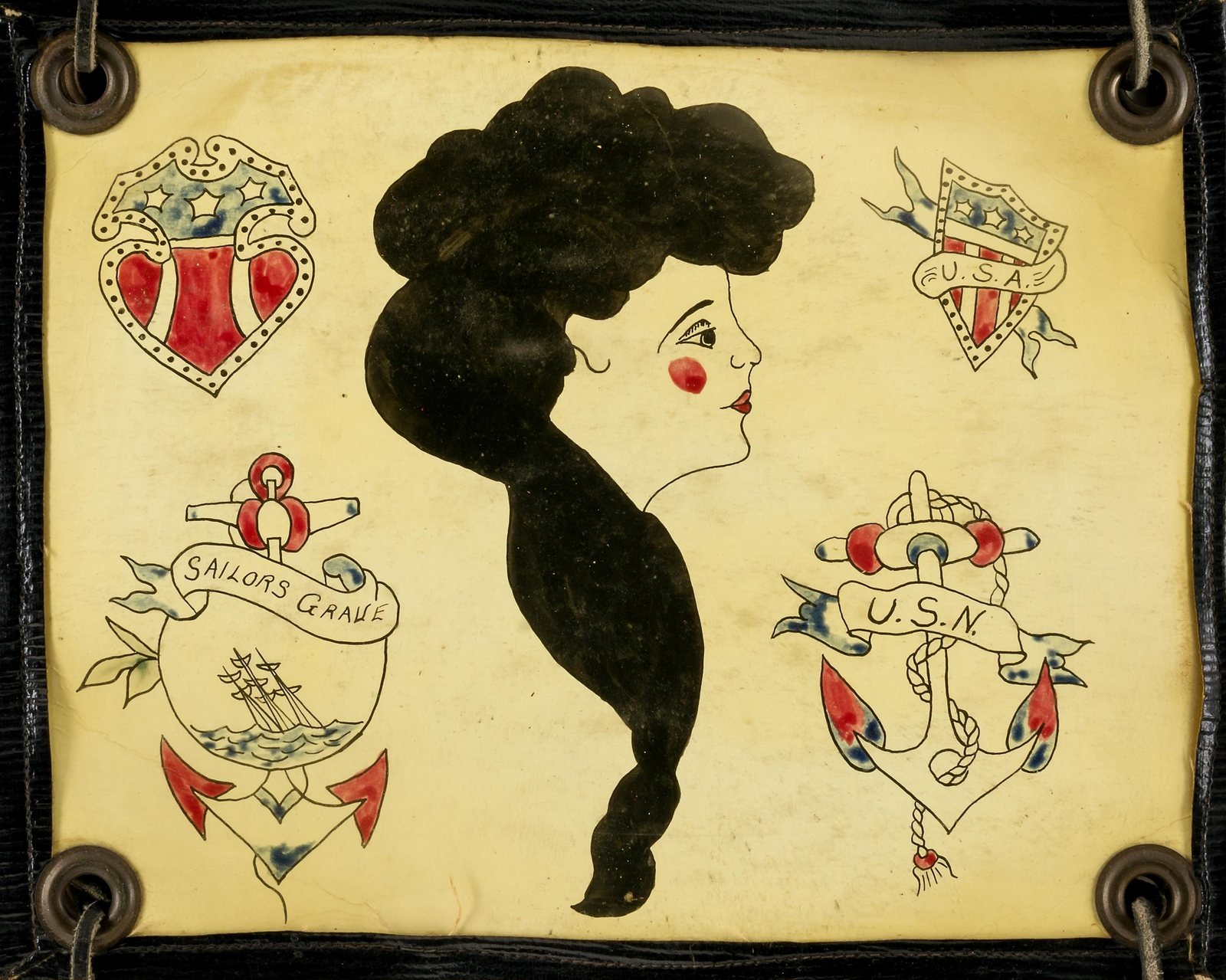 Vintage American tattoo flash sheet with a Sailor's Grave anchor, a U.S.N. anchor, a woman's head in profile and patriotic shields, unknown artist, not Stoney St. Clair