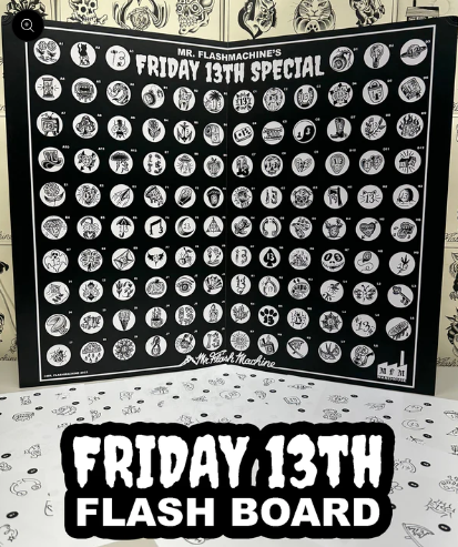 Board of small Friday the 13th flash tattoo designs at Electric Street Tattoo, Fort Lauderdale