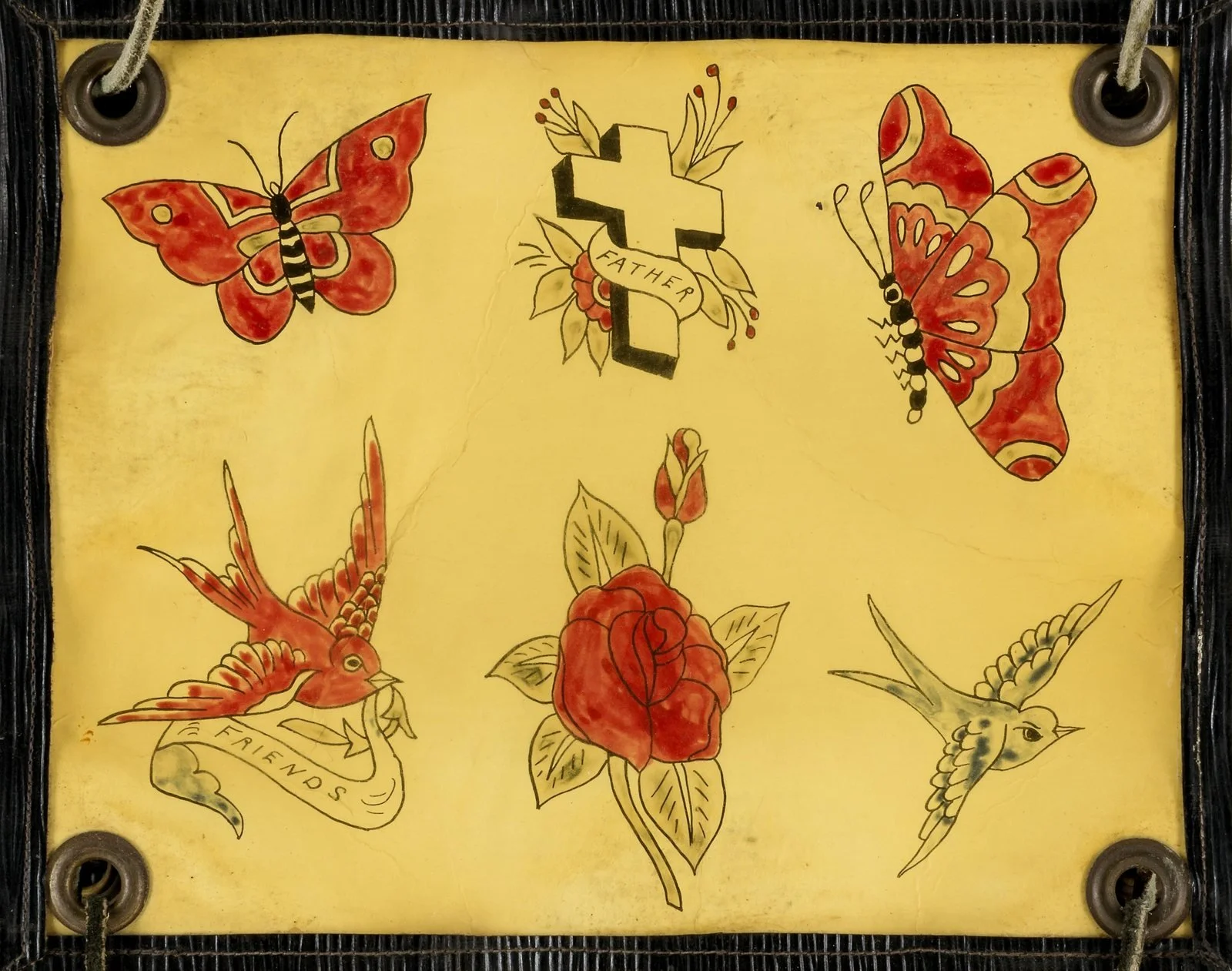 Vintage American tattoo flash sheet with a red rose, swallows with a Friends banner, a Father cross and two butterflies, unknown artist, not Stoney St. Clair