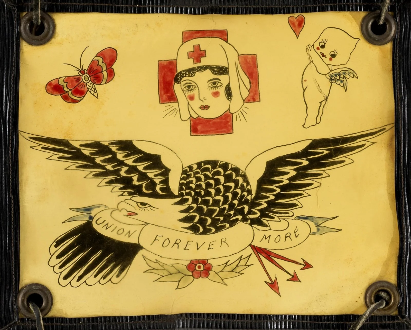 Vintage American tattoo flash sheet with an eagle, a Red Cross nurse, a kewpie and a butterfly, unknown artist, not Stoney St. Clair