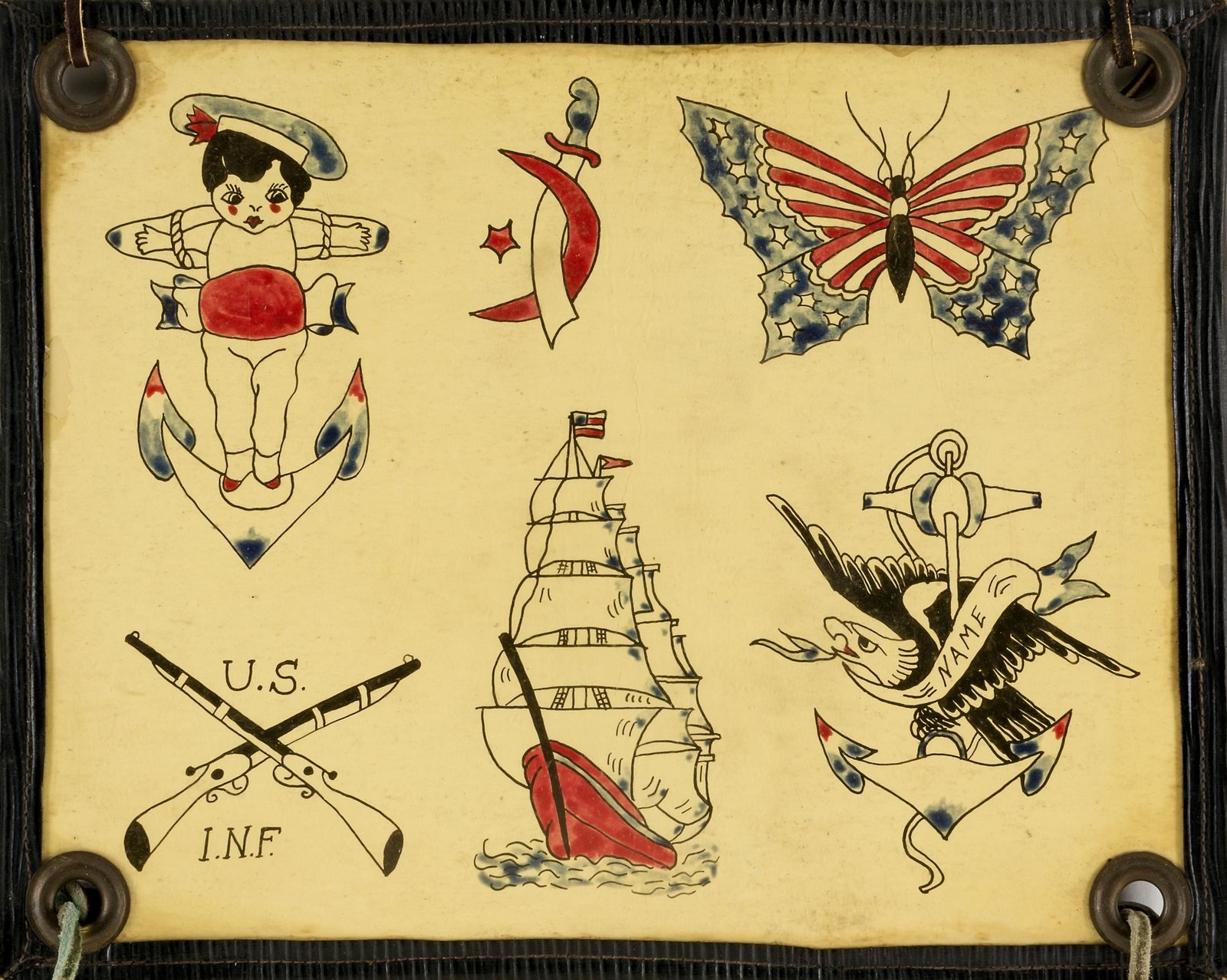 Vintage American tattoo flash sheet with an eagle and anchor, a sailing ship, a sailor kewpie on an anchor, a patriotic butterfly, a dagger and crossed U.S. Infantry rifles, unknown artist, not Stoney St. Clair