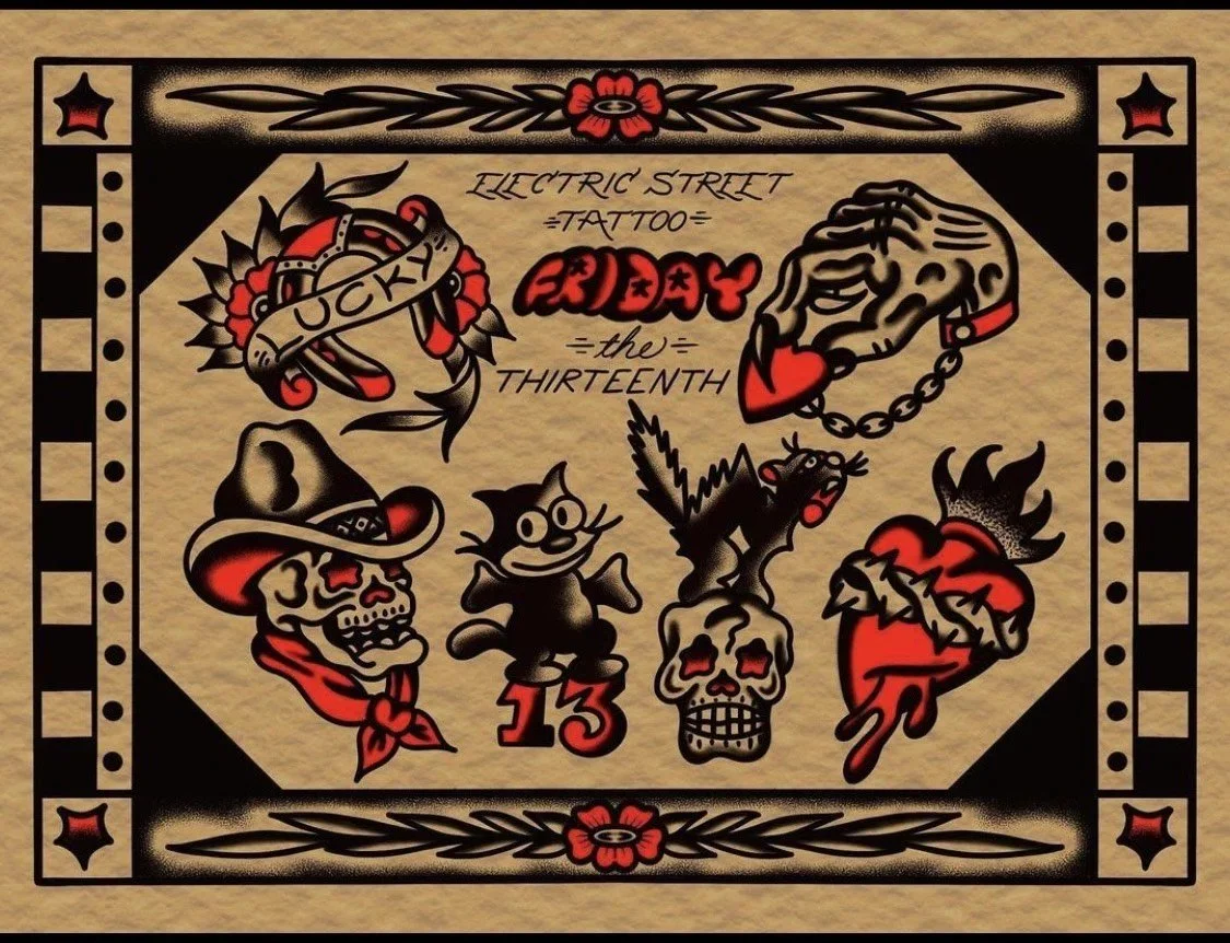 Friday the 13th flash sheet with skulls, snakes and 13s at Electric Street Tattoo, Fort Lauderdale