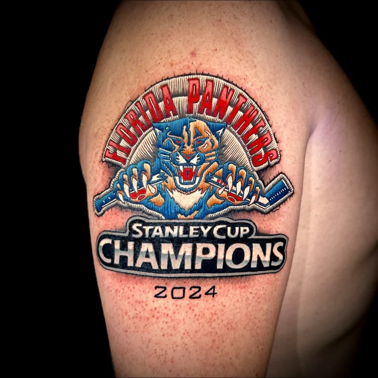 Florida Panthers Stanley Cup Champions 2024 patch tattoo by CJ Ugarte at Electric Street Tattoo, Fort Lauderdale