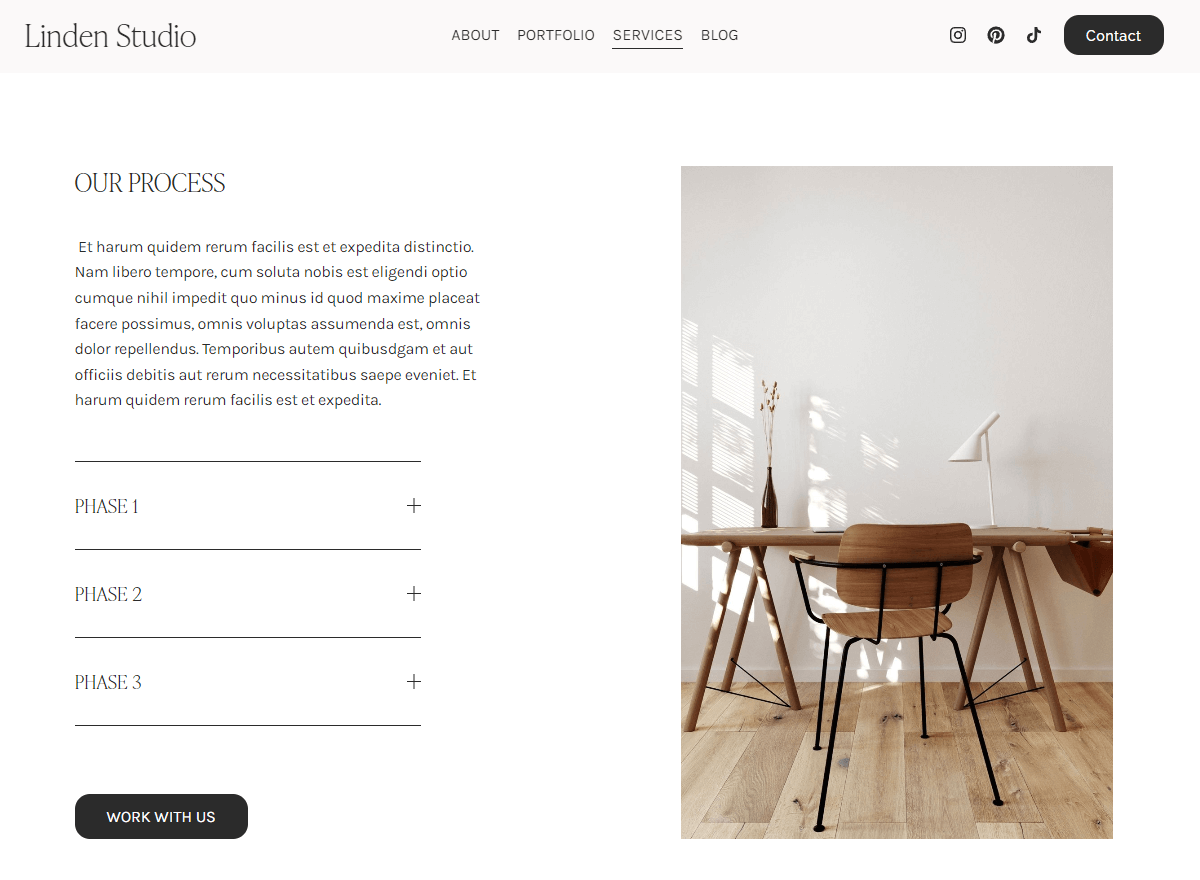 Screenshot of Scaled Up Studio's Linden Squarespace template for interior designers showing use of the Accordion block for easy creation of FAQs or Frequently asked questions.
