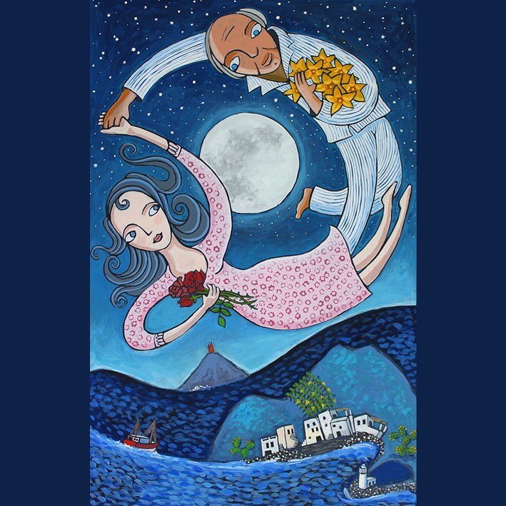 By the light of the moon, relatives celebrate. #salina #acrylicpainting #illustration #stromboli #aeolianislands #isoleeolie #timeflies #forlove