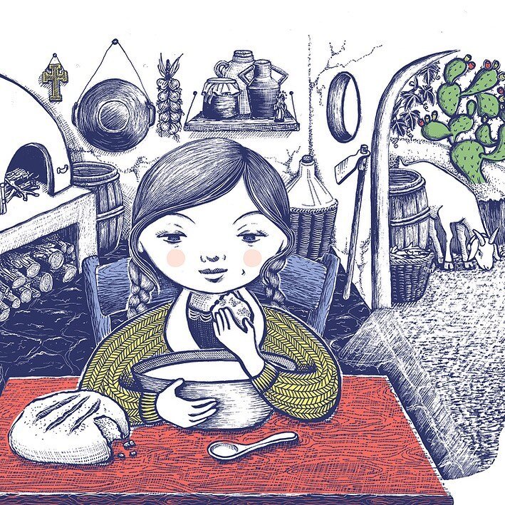 Carina wakes to a bowl of goats milk and bread offered by her pap&agrave;, Matteo. They didn&rsquo;t have Kellogg&rsquo;s Coco Pops back in the day on the island of Salina, Sicily! Illustration from my new book, For Love. Available from Dymocks and R