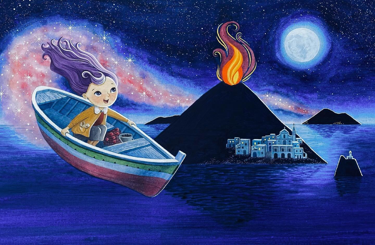 Stregalina works her magic and away she flies, passing Stromboli on her way to the other side of the world! #childrensbooks #picturebooks #childrensbookillustration #illustration #watercolour #Stromboli #Salina #isoleeolie #sicily #aeolianislands #ma