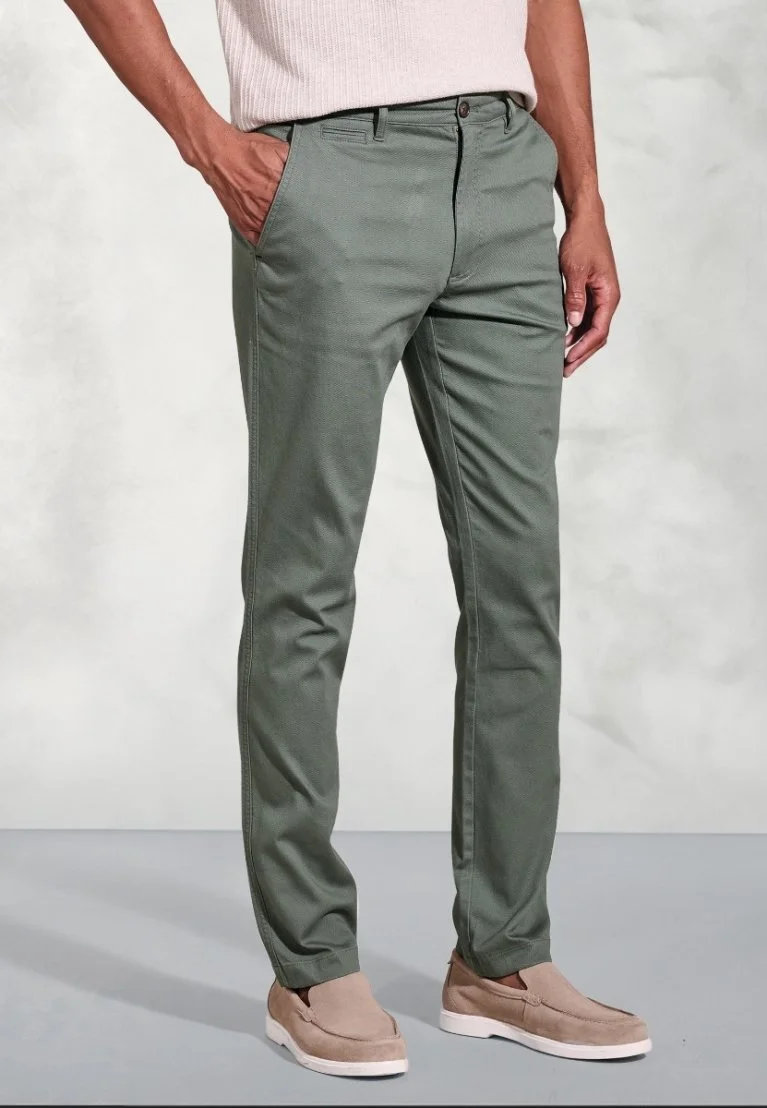 Tailored Fit Green Textured Stretch Cotton Chinos