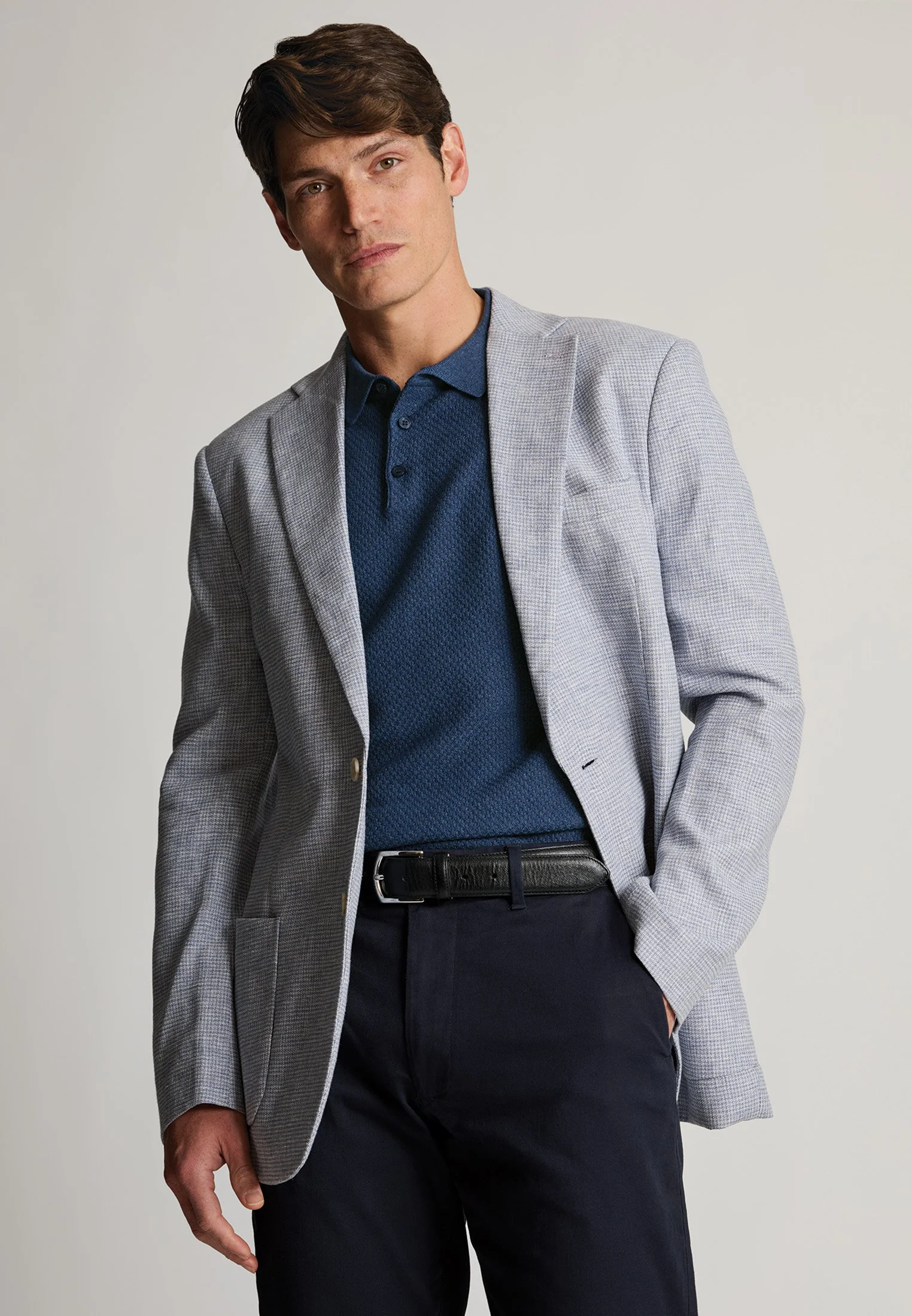 Tailored Fit Blue Textured Linen Blend Jacket