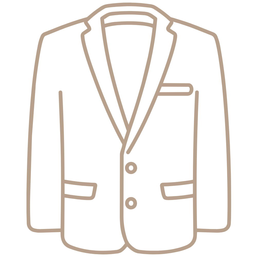 Outline drawing of a men's blazer with lapels, pockets, and buttons.