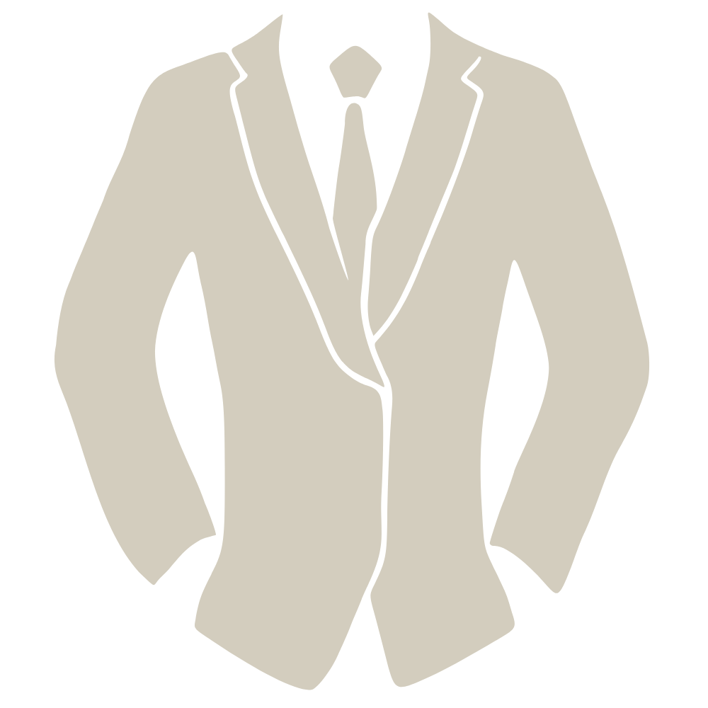 Illustration of a man wearing a beige suit jacket, white shirt, and light-colored tie.