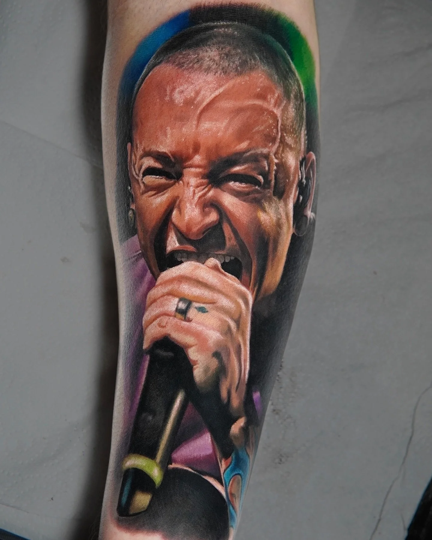 Chester Bennington ⚡️ 
Super fun tattoo, thanks for sitting like an absolute champion Connor! 
Booking into Jan/Feb now 👌
Done with @kwadron @inkjecta @eternalink @barber_dts