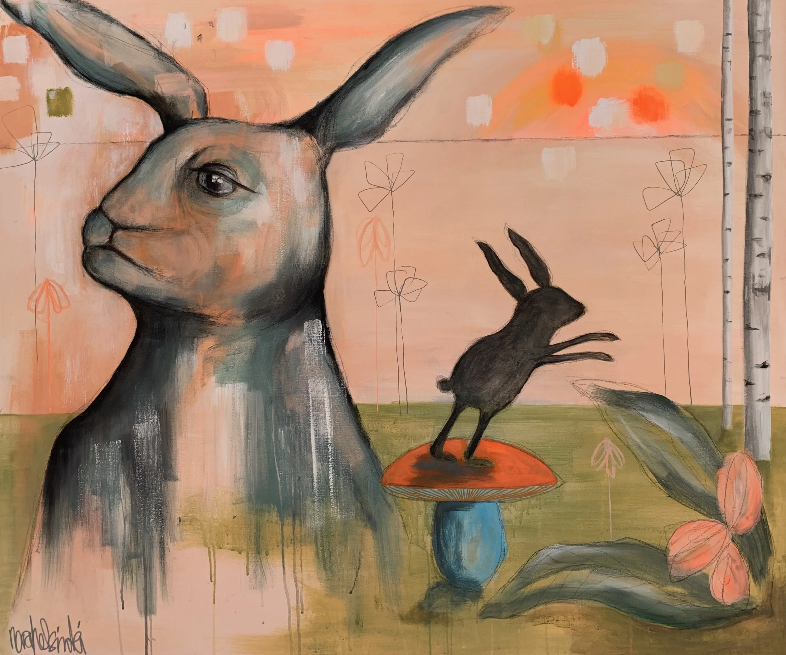 "Kukkia helmoissa", Acrlic & charcoal on canvas, 108x130, 2024