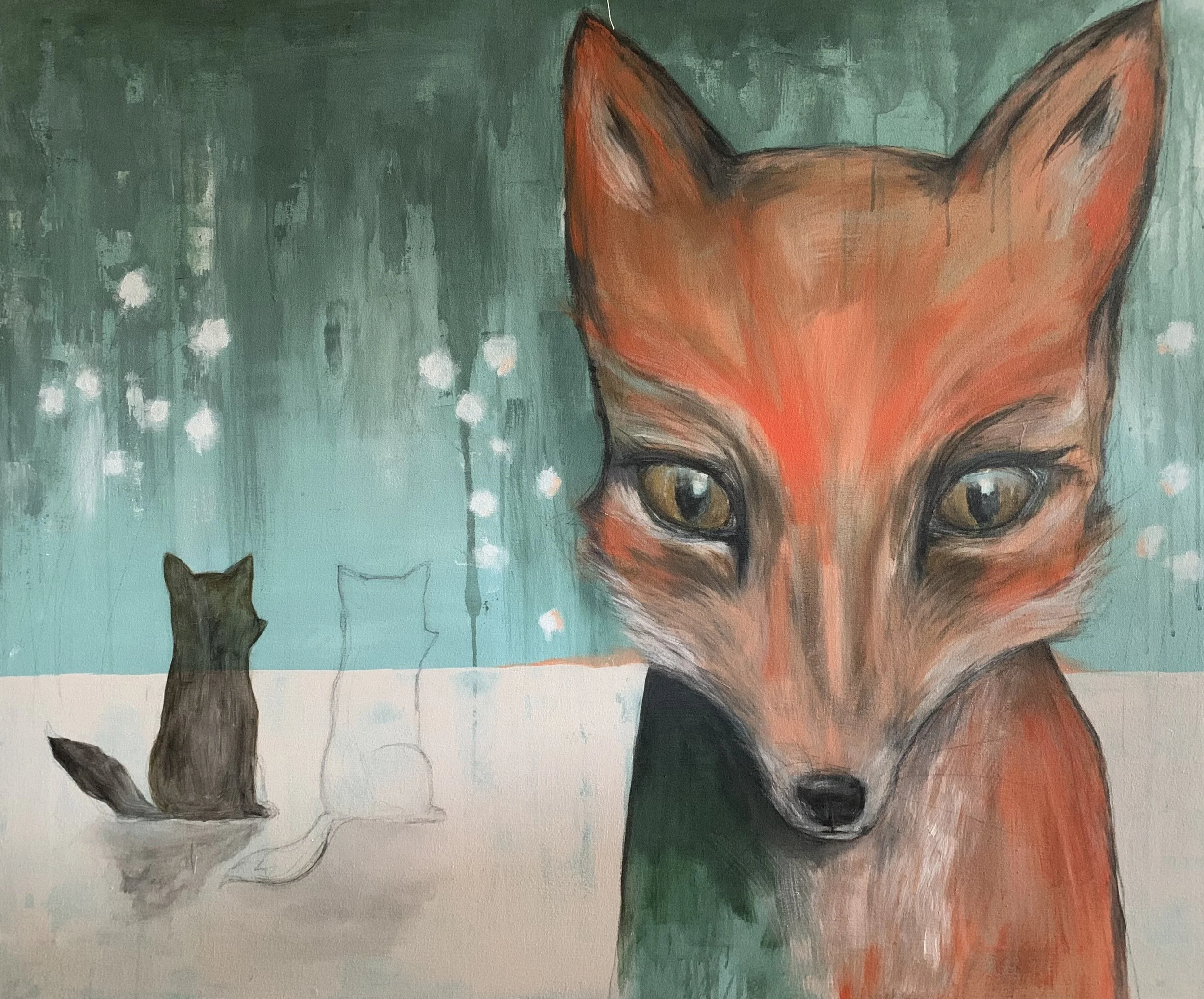 "Ihan tavallinen kettujen yö" Acrylic on canvas, 108 x 130, 2024