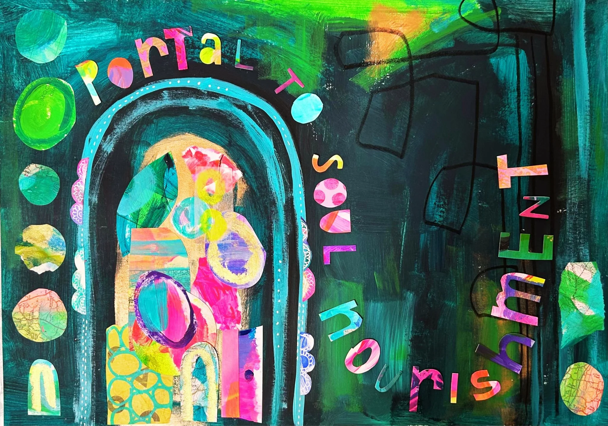 Mixed media painting in greens.