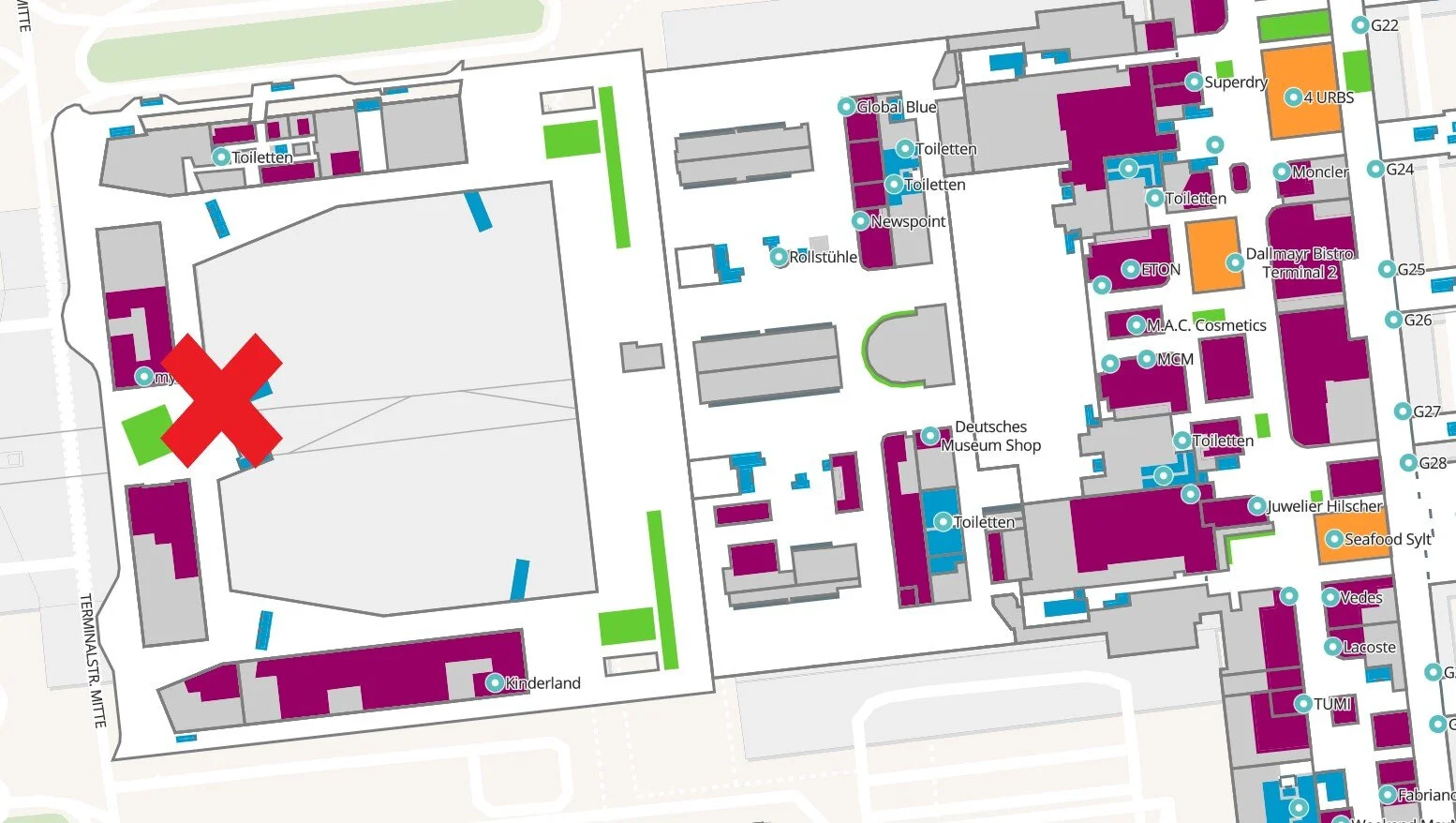 Das Rote Kreuz auf der Karte markiert unseren Standort im Forum