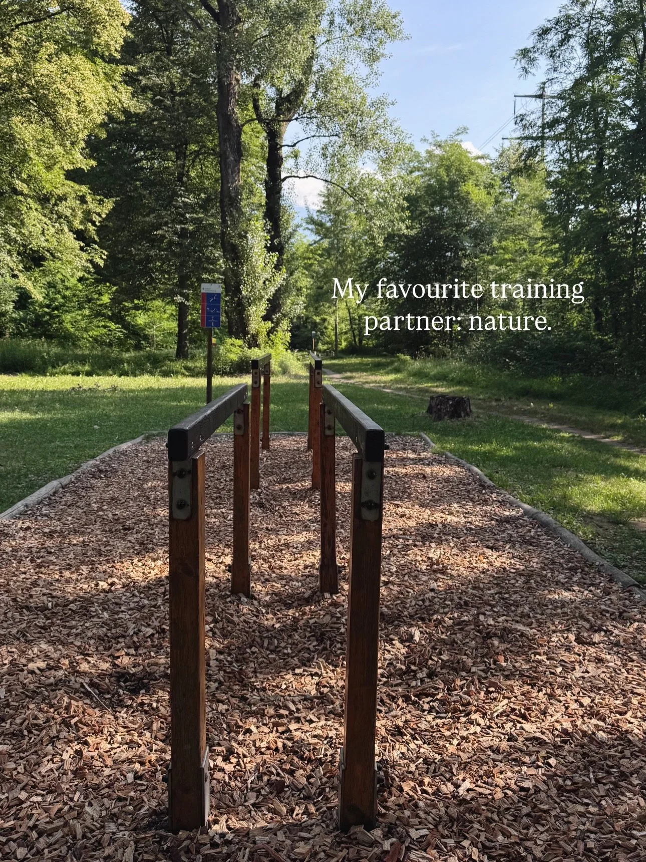 Nature is my playground.

Today it looked like running along a forest path, strengthening my core on the parallel bars tucked between the trees, hanging from a pull-up bar while watching the river flow below, and doing single-leg glute bridges with n