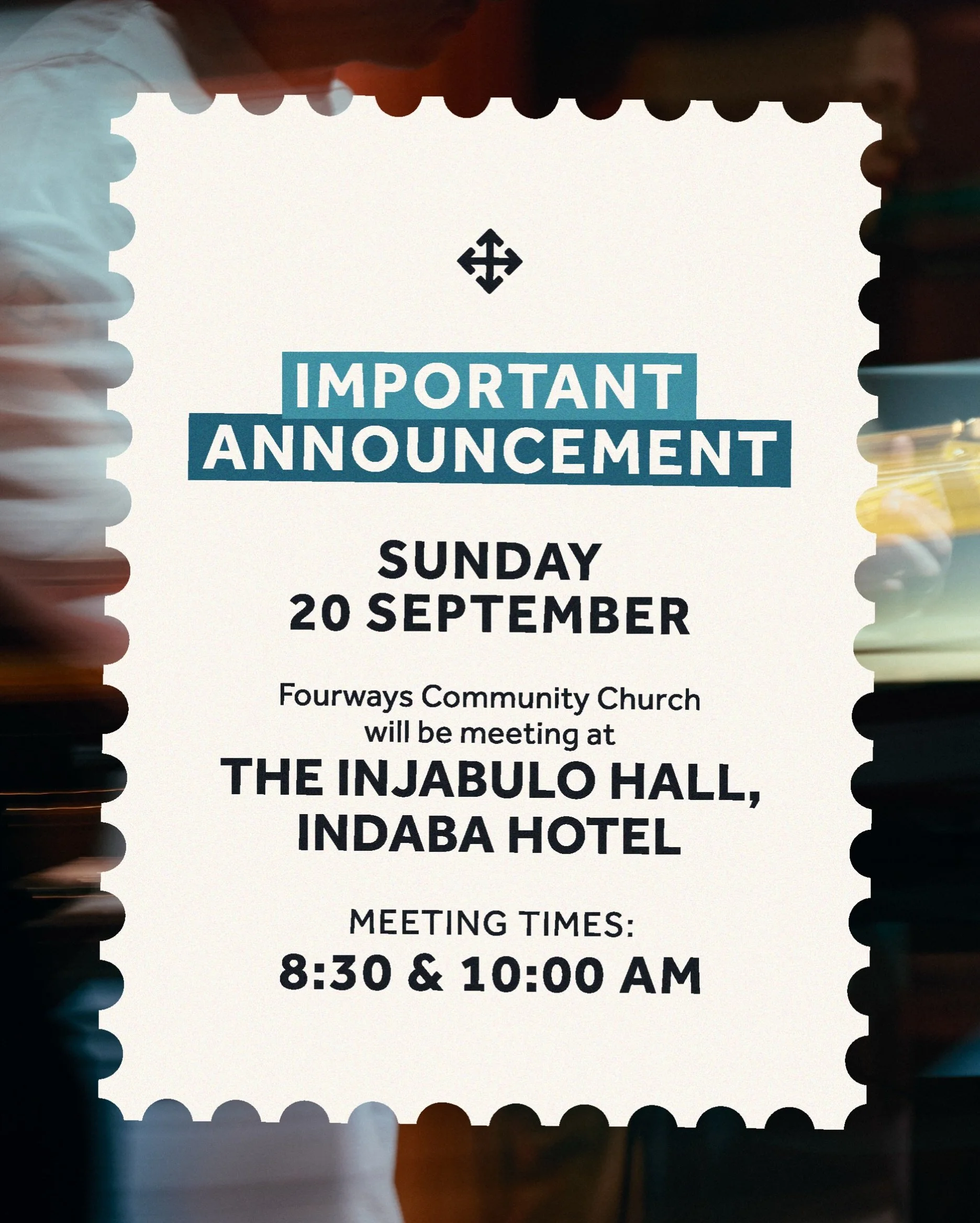 In case you&rsquo;ve missed the news, TAKE NOTE!

Fourways Community Church will be gathering from this Sunday at The Injabulo Hall at The Indaba Hotel. We&rsquo;ll be gathering at 8:30 and 10:00 AM.

It&rsquo;s the start of a new season, and we hope