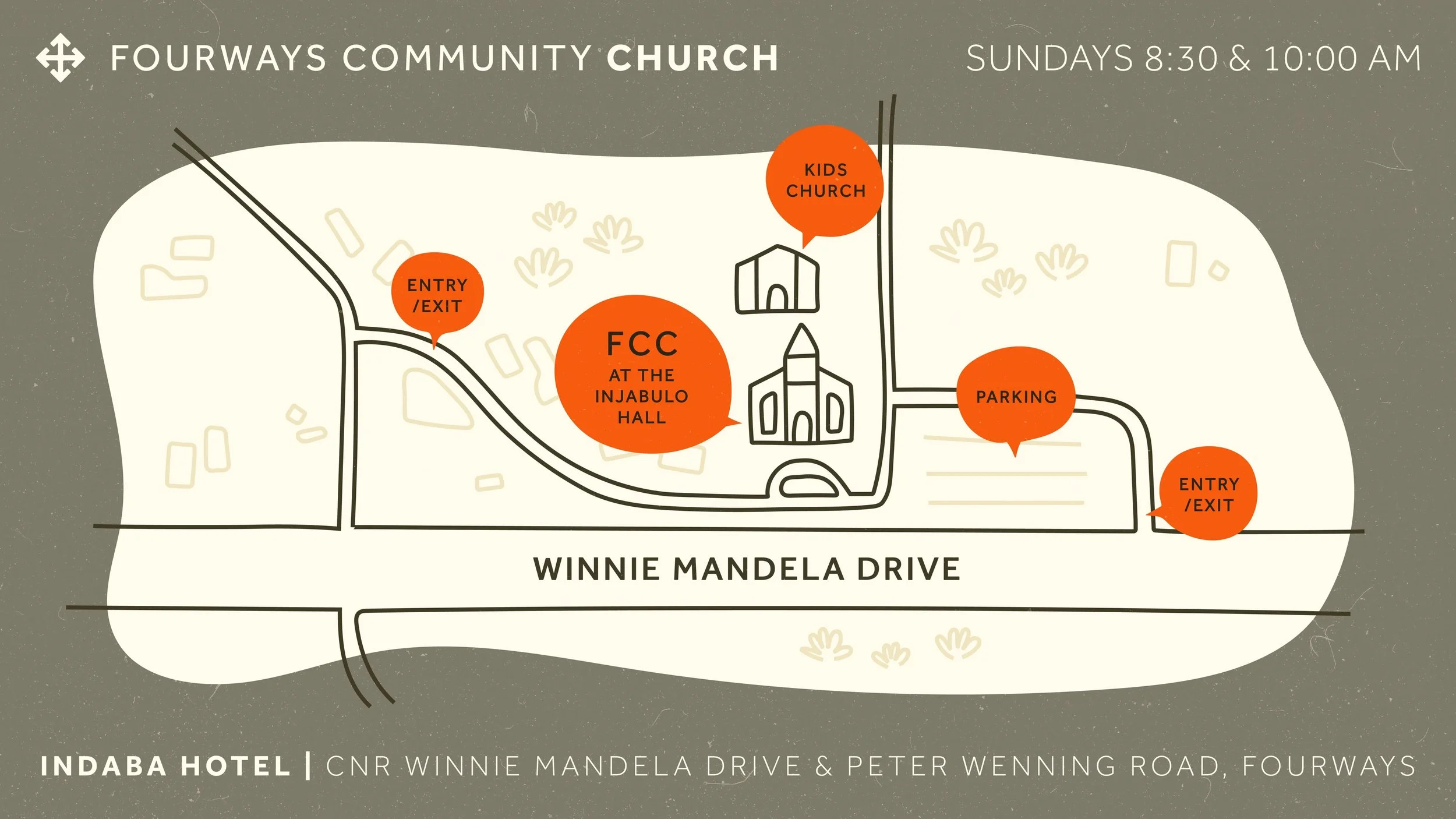 Tomorrow is the day!

We can&rsquo;t wait to gather together for our very first Sunday at the Indaba. If you&rsquo;re joining us, here&rsquo;s a little map to help you find your way around and get settled in.

We&rsquo;ll be meeting in the Injabulo H