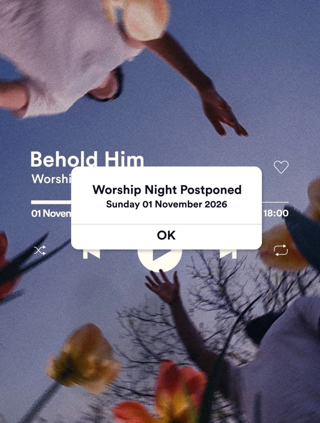 Due to some unforeseen circumstances, our Worship Night has been postponed to Sunday 1 November.

Spread the word, invite your friends and we&rsquo;ll see you there!
