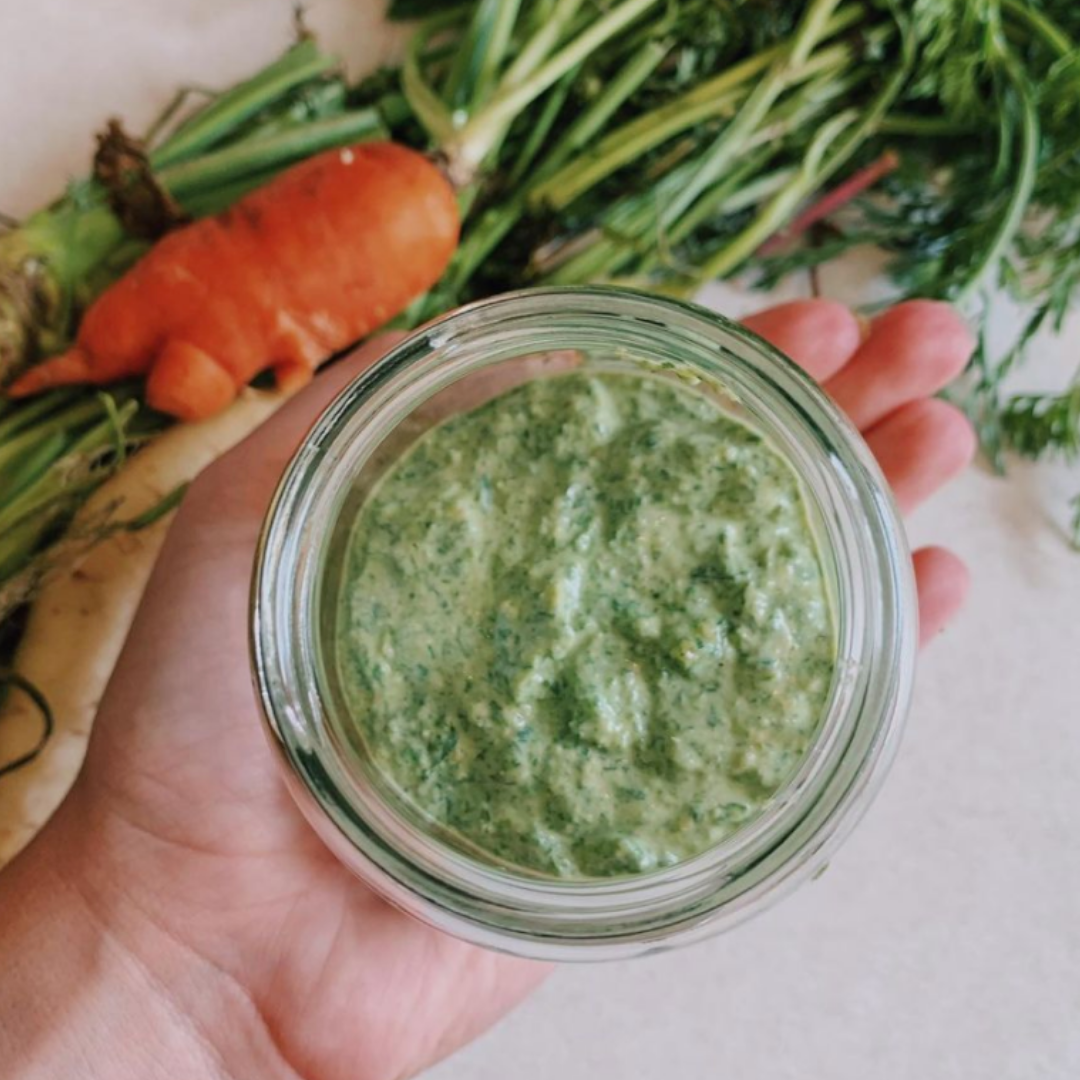 Low-Waste Carrot Top Pesto