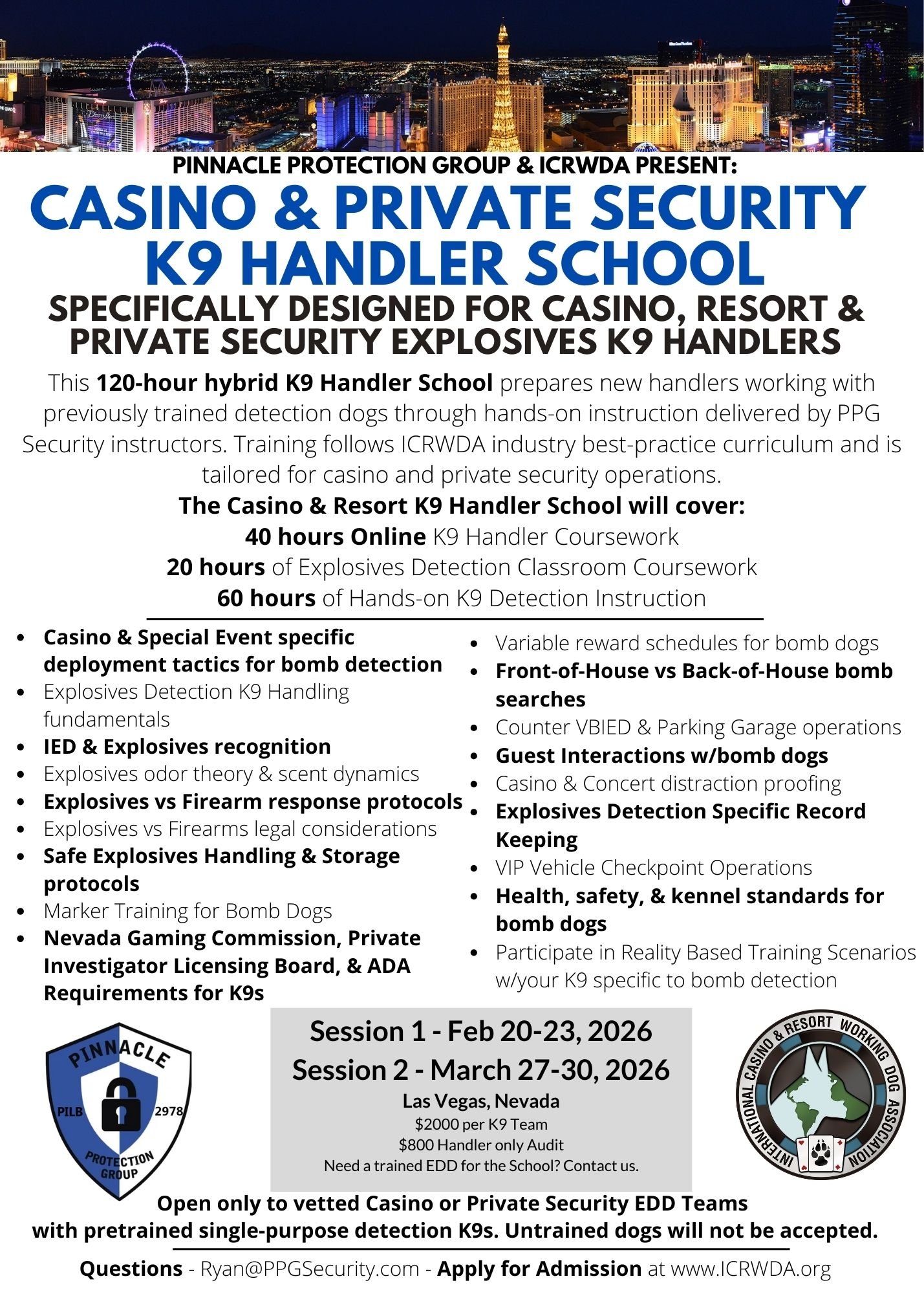 Casino &amp; Private Security Explosives Detection K9 Handler School - Pinnacle Protection Group Hybrid (Online &amp; In-Person) Bomb Detection Only