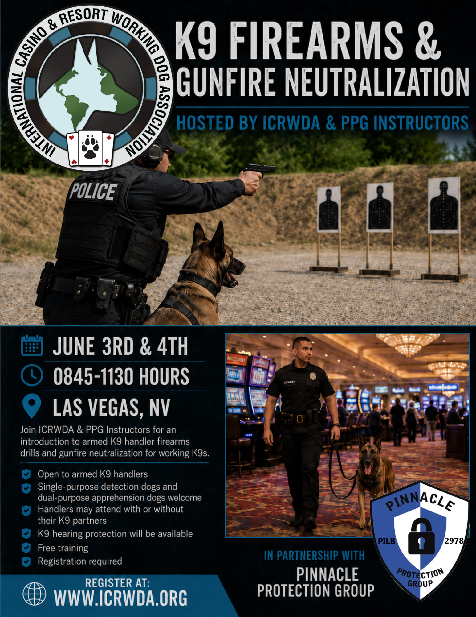 Las Vegas K9 Firearms and Gunfire Neutralization training flyer hosted by ICRWDA and the PPG K9 Unit for law enforcement, armed security, explosives detection, narcotics detection, and working K9 handlers.