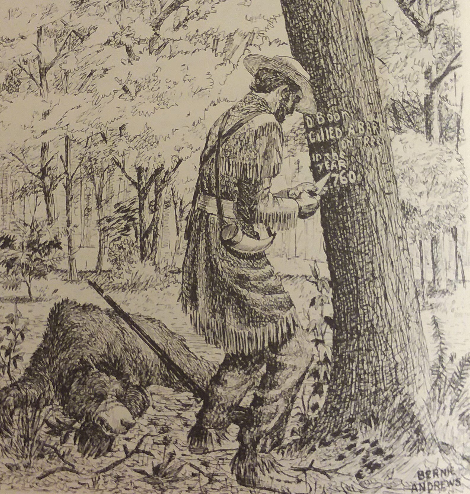 D. Boon cillED A Bar on tree in the Year 1760Artist: Bernie AndrewsSource: Alderman, Pat. The Overmountain Men. Johnson City: The Overmountain Press, 1986.