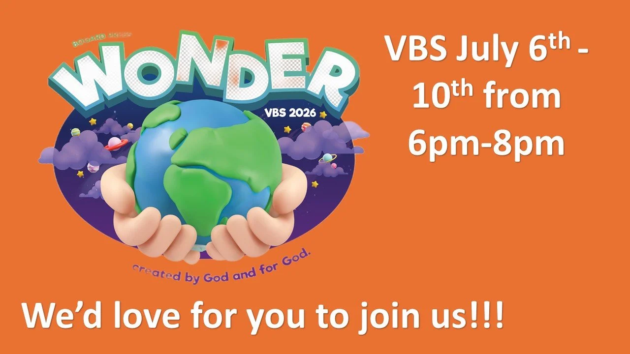 An announcement poster for a Vacation Bible School titled "Wonder" with a theme of the Earth held by hands, surrounded by a space scene with planets and stars, on an orange background, inviting children to join from July 6th to 10th from 6pm to 8pm, created by God and for God.