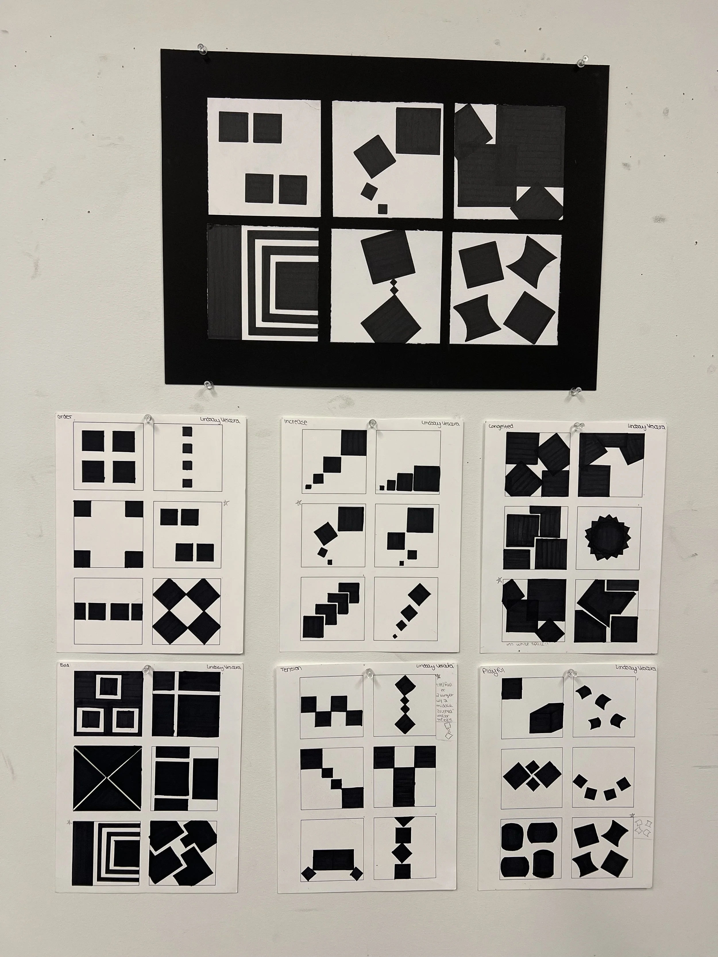 Design I - Visual Organization: 4 Black Squares with Thumbnail Sketches