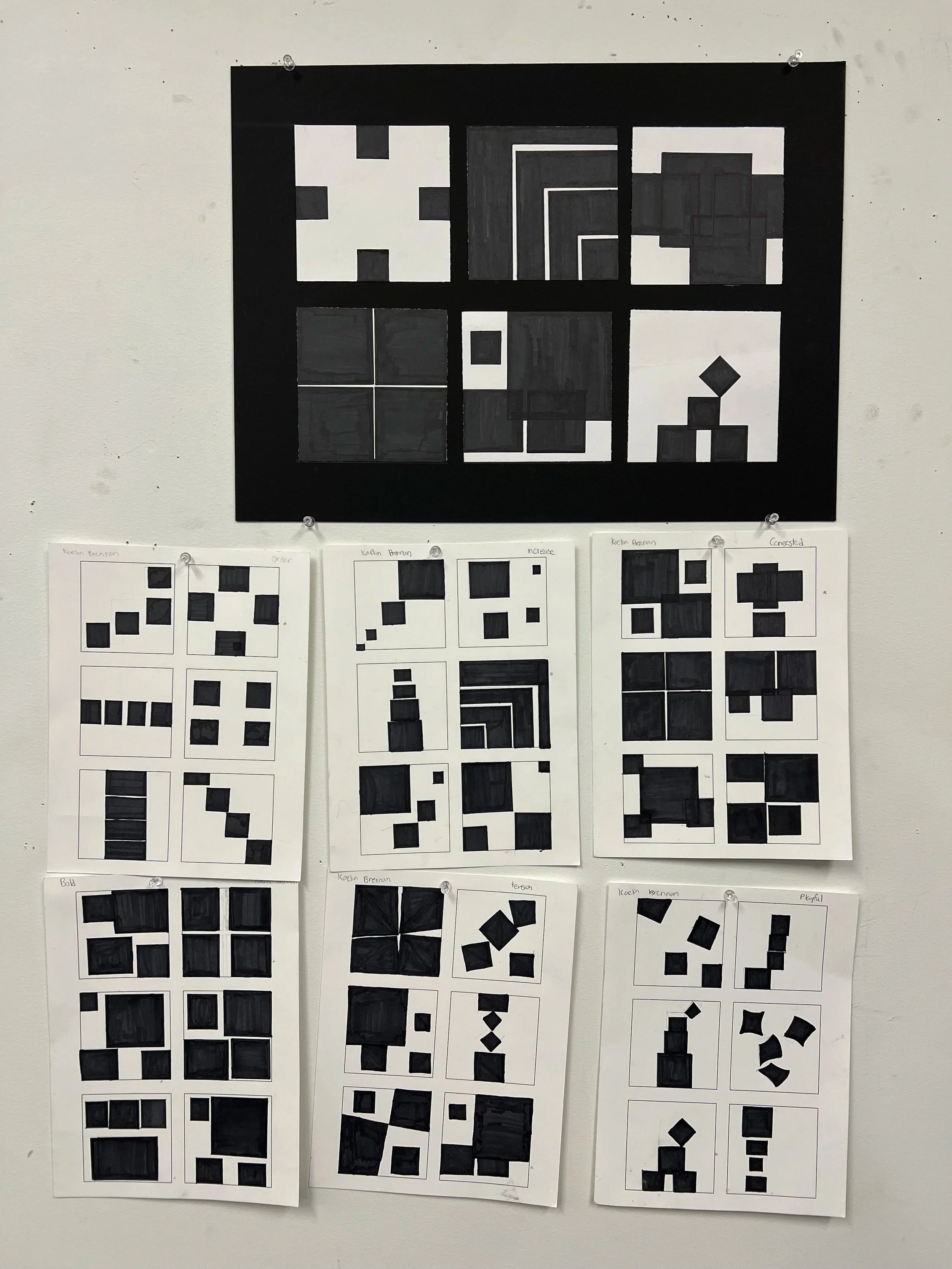 Design I - Visual Organization: 4 Black Squares with Thumbnail Sketches