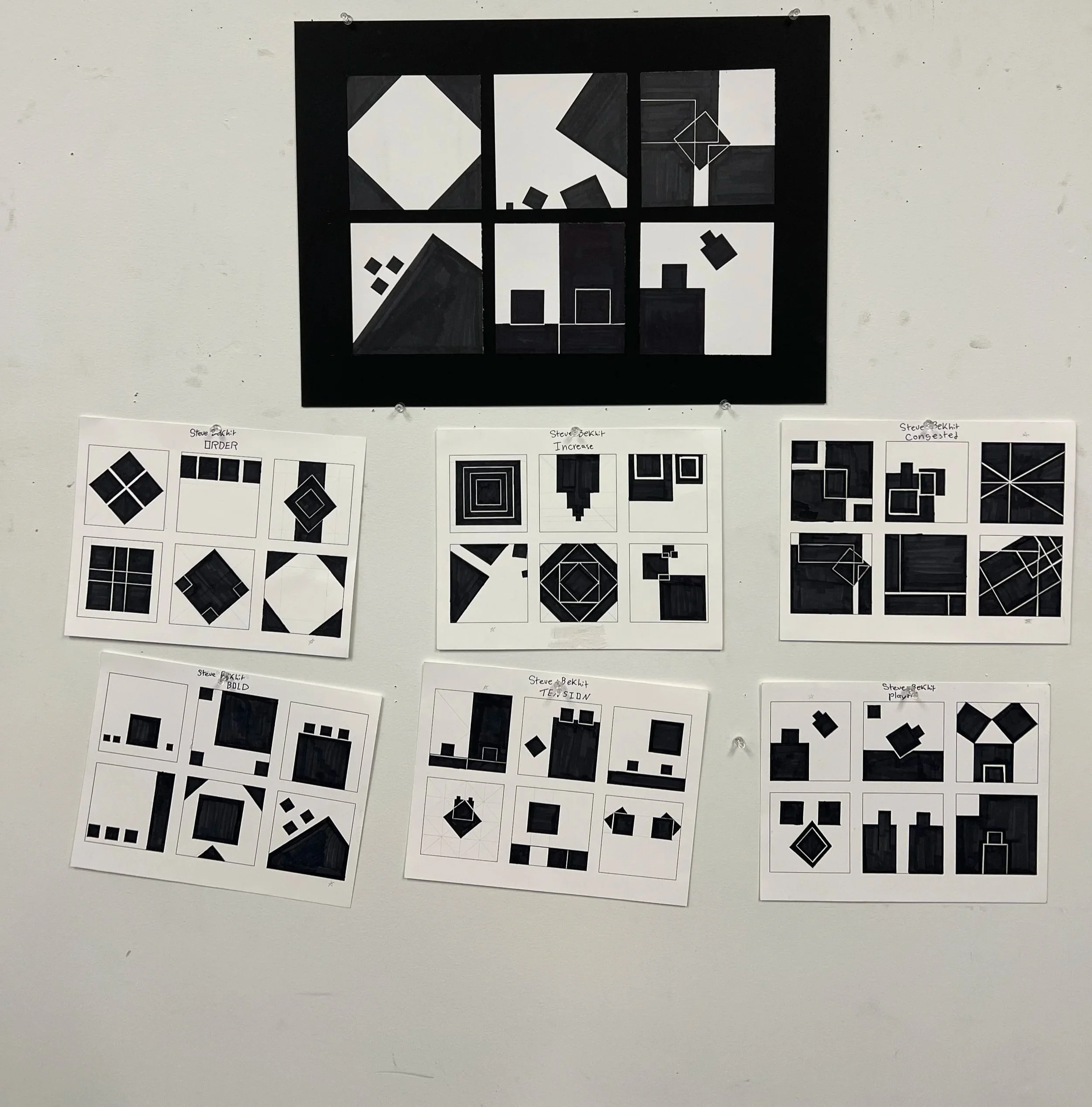 Design I - Visual Organization: 4 Black Squares with Thumbnail Sketches
