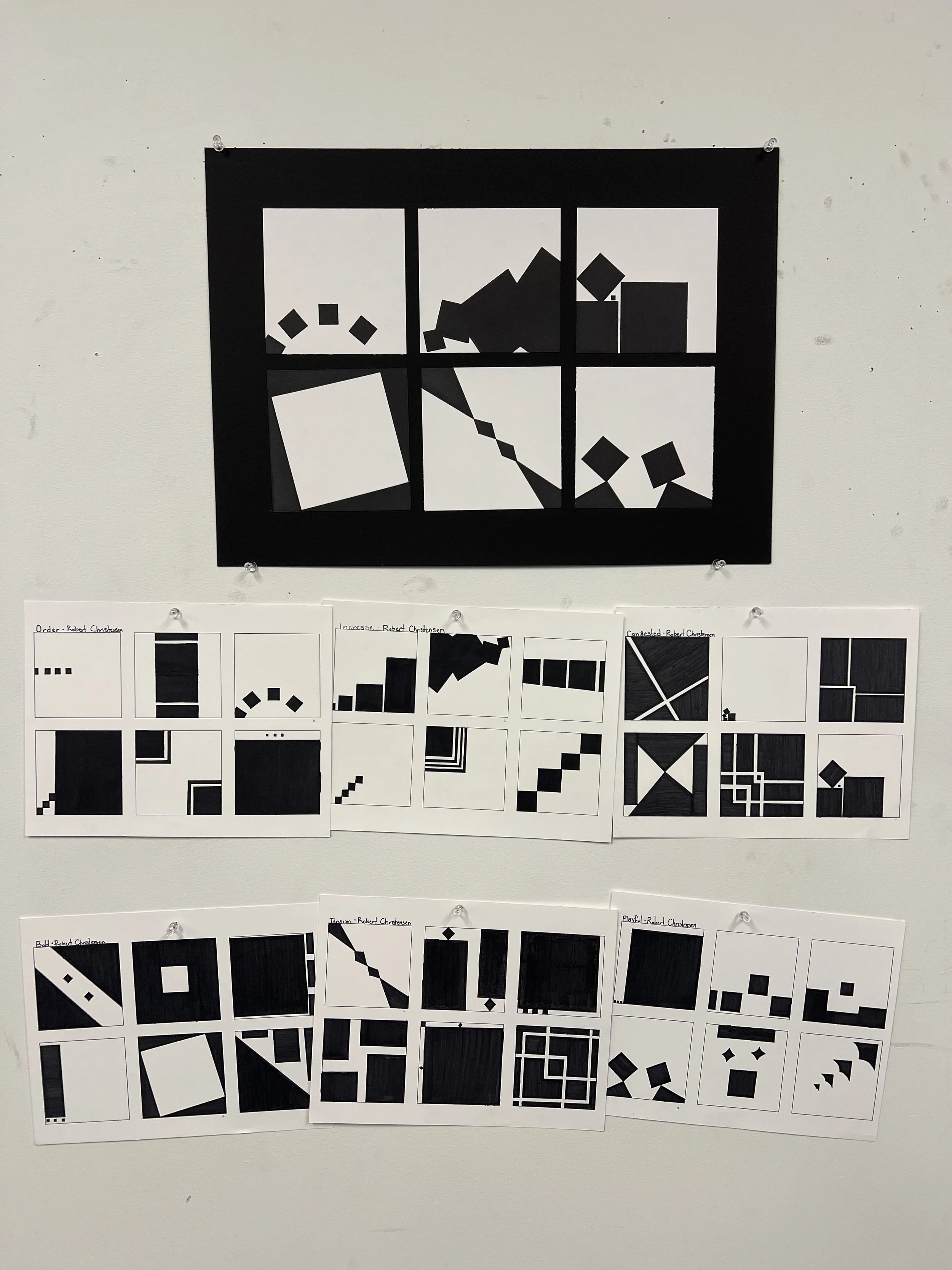 Design I - Visual Organization: 4 Black Squares with Thumbnail Sketches
