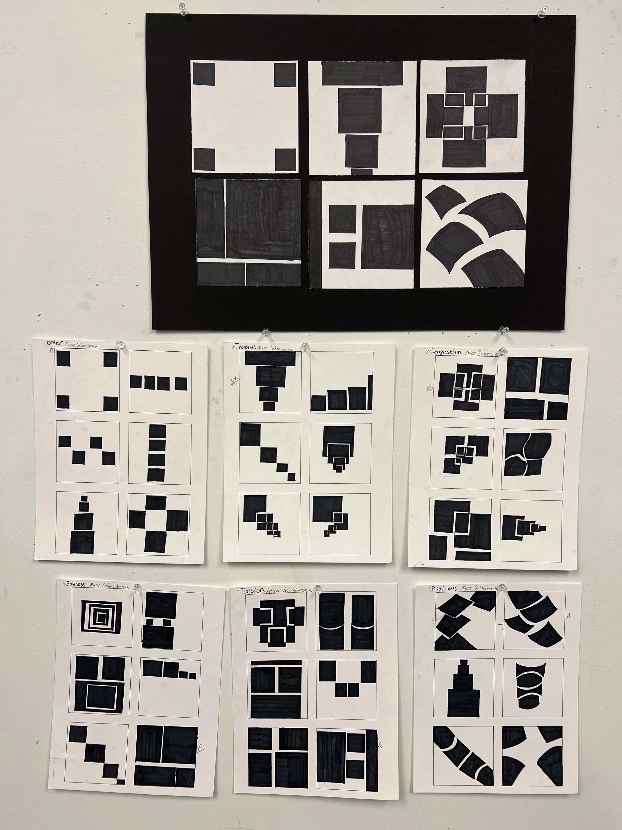 Design I - Visual Organization: 4 Black Squares with Thumbnail Sketches