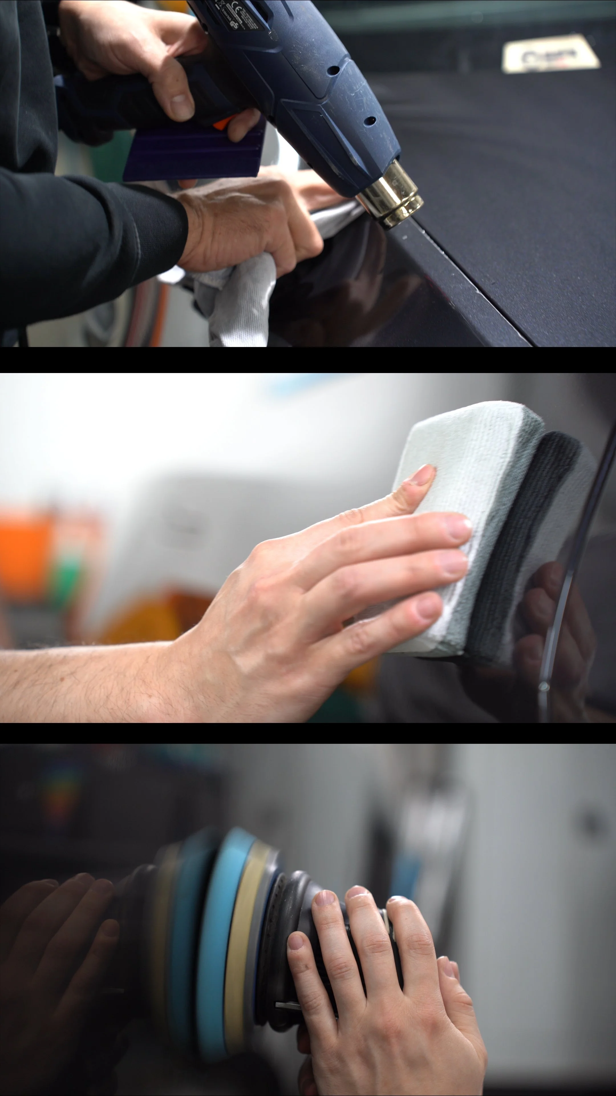 Drei Bilder zeigen Autos, die poliert und gereinigt werden, mit verschiedenen Werkzeugen und Polierpads.