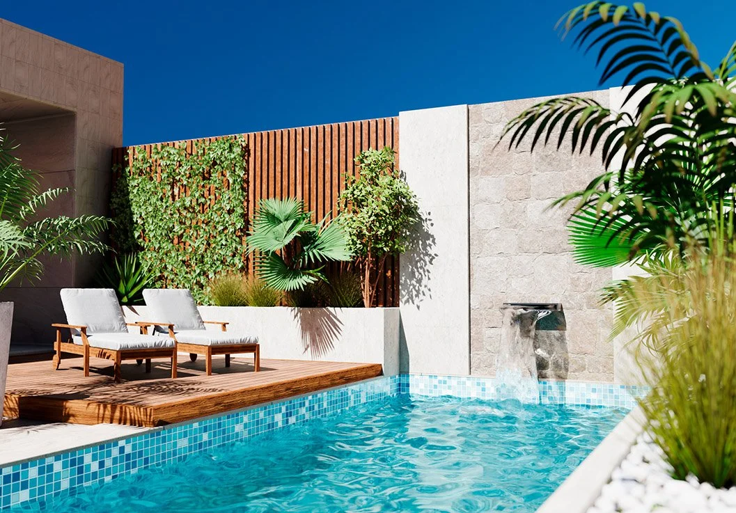 Luxury resort plunge pool with sun loungers, tropical plants and modern architectural features.