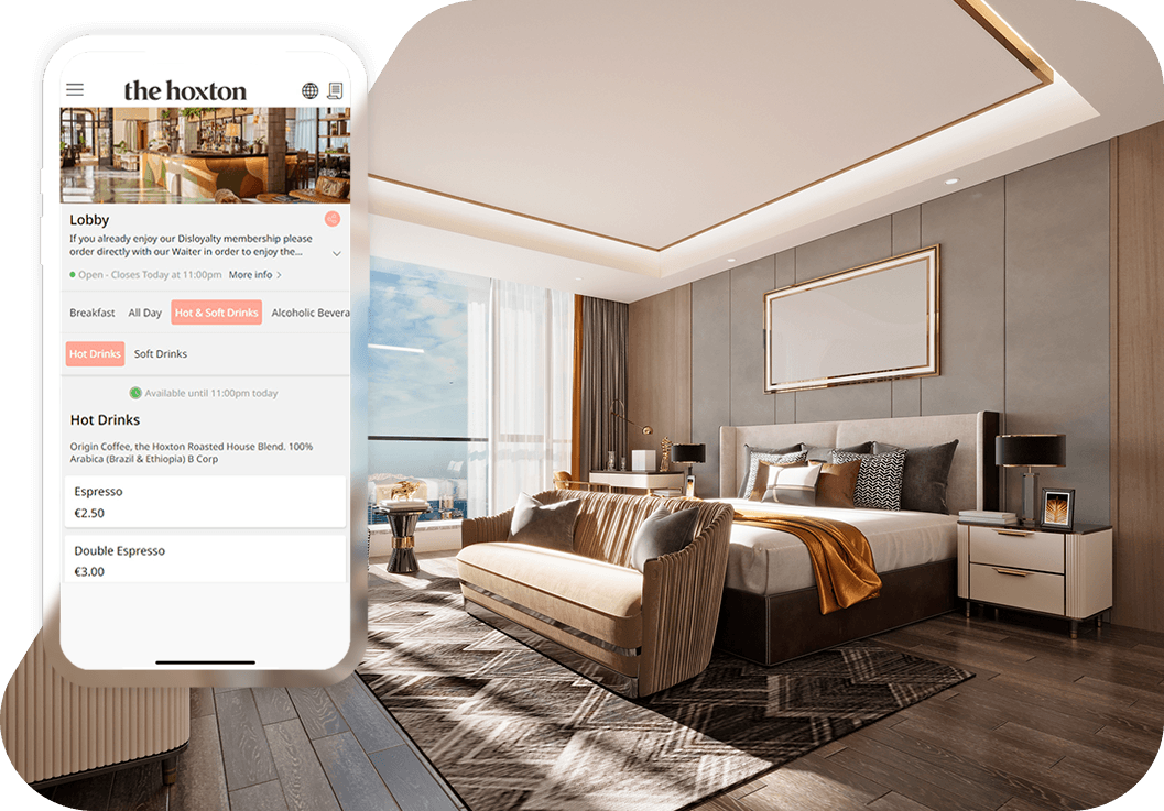 The Hoxton mobile drinks menu displayed on a smartphone beside a contemporary boutique hotel bedroom.