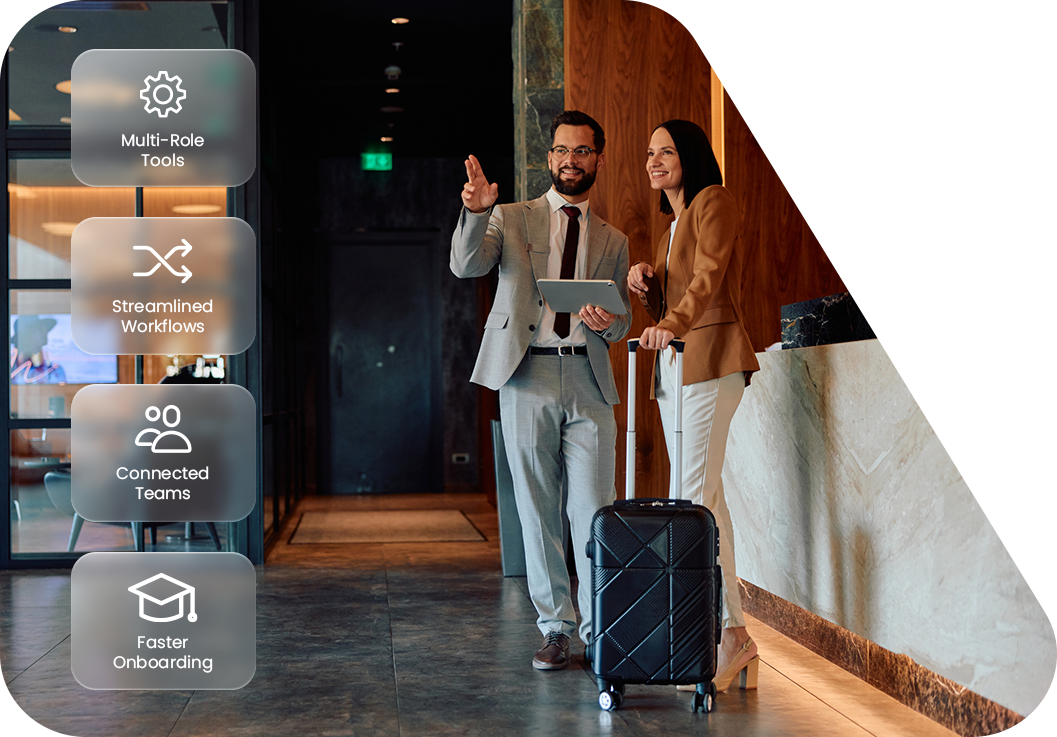 Two people at a hotel reception with icons for staff tools, streamlined workflows, connected teams and faster onboarding.
