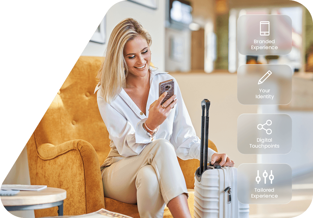 Hotel guest using a smartphone beside her suitcase, with icons highlighting branded digital experiences and personalised guest services.