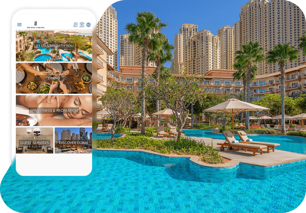 The Ritz-Carlton digital guest directory displayed on a smartphone beside a luxury hotel swimming pool.