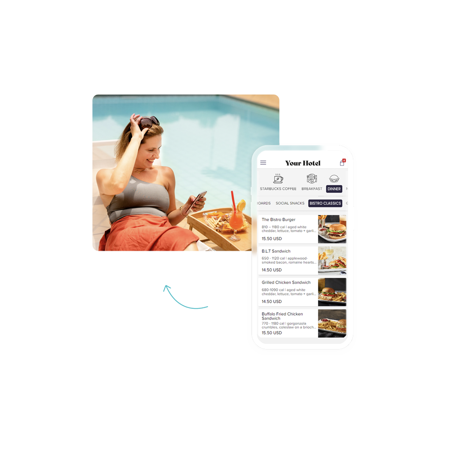 Hotel guest ordering poolside using a GloriaFood alternative mobile ordering platform