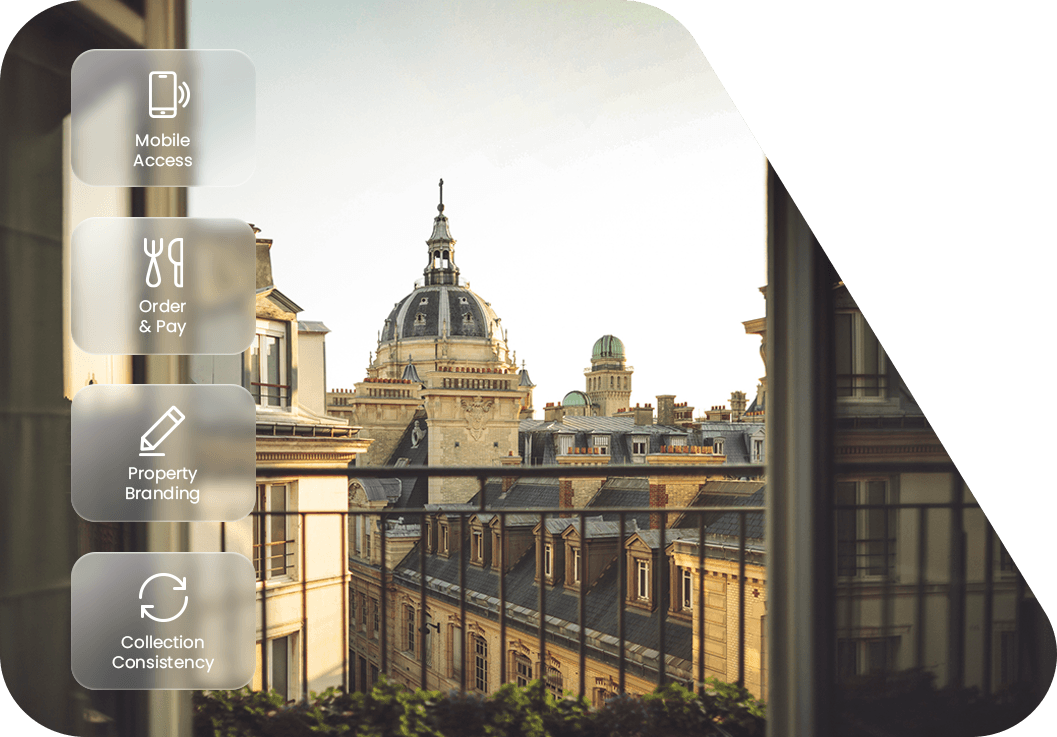 Historic city buildings with icons representing mobile guest access, digital ordering, individual hotel branding and collection consistency.