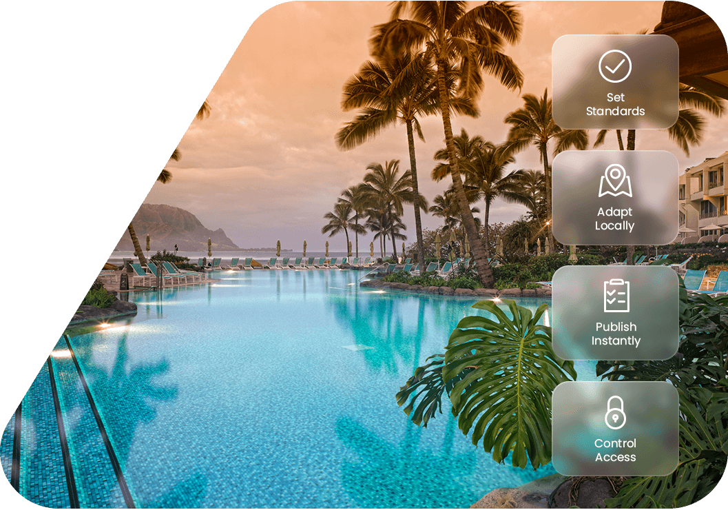 Tropical resort swimming pool illustrating hotel brand standards, local flexibility and centralised content management.