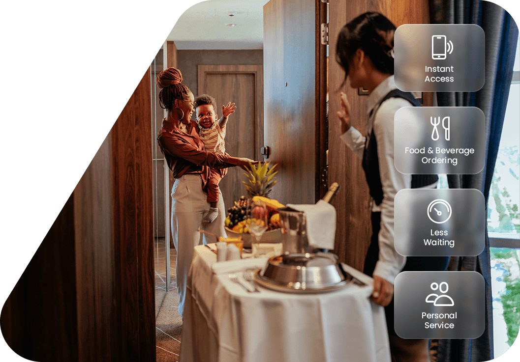Hotel staff delivering room service to a mother and child, with icons highlighting personalised service and digital ordering.