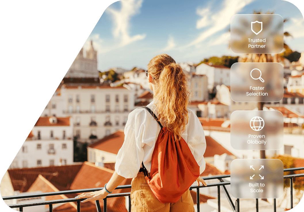 Guest with a backpack overlooking a city from a balcony, with icons highlighting trusted hotel technology, faster selection and scalability.